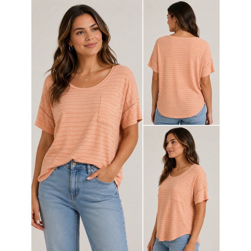 NWT Tribal Women's Medium Linen Blend Pocket Tee Sunset Stripe Relaxed Fit